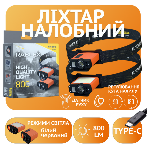 Фонарь налобный Rablex RB975 &mdash; подвійний, з функцією PowerBank, 800 люмен, сенсор, Type‑C, карабін 028-00039-OB фото