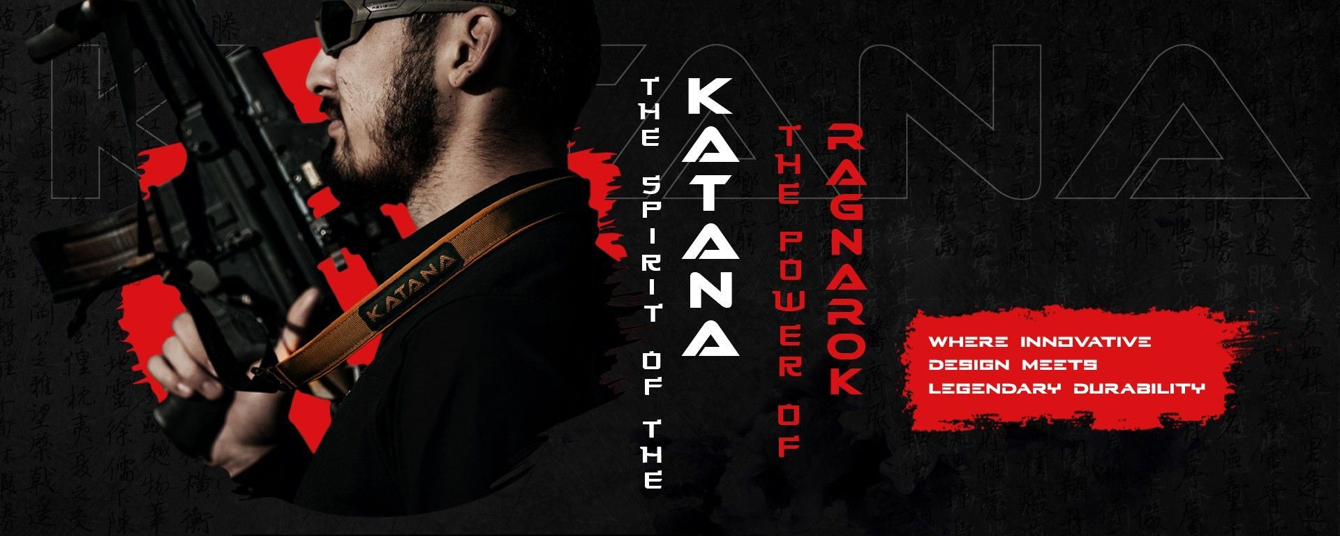 Tactical Belt Store banner. A man in tactical gear holding a rifle equipped with the Ragnarok Katana sling. Text on the banner translates to: "SPIRIT OF KATANA. POWER OF RAGNAROK. Where innovative design meets legendary strength".