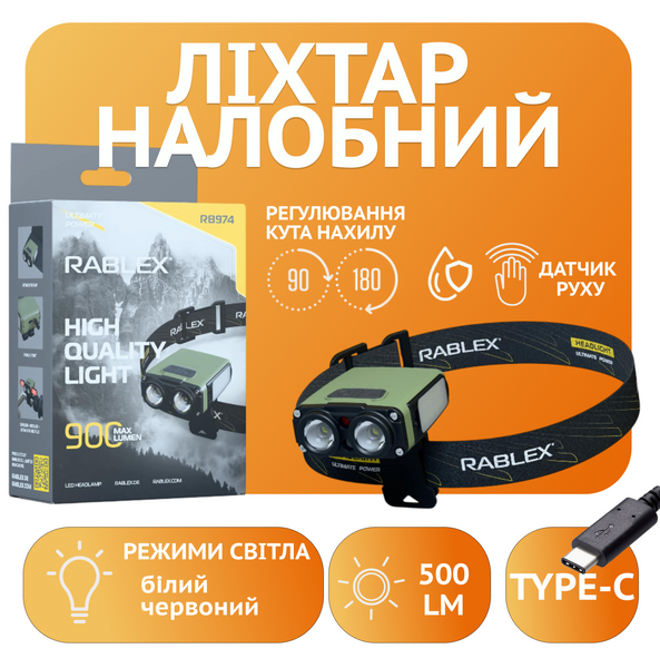 Ліхтар налобний Rablex RB974 - біле та червоне світло, сенсор, Type-C, 900 люмен, кріплення на велосипед 028-00040-OL фото